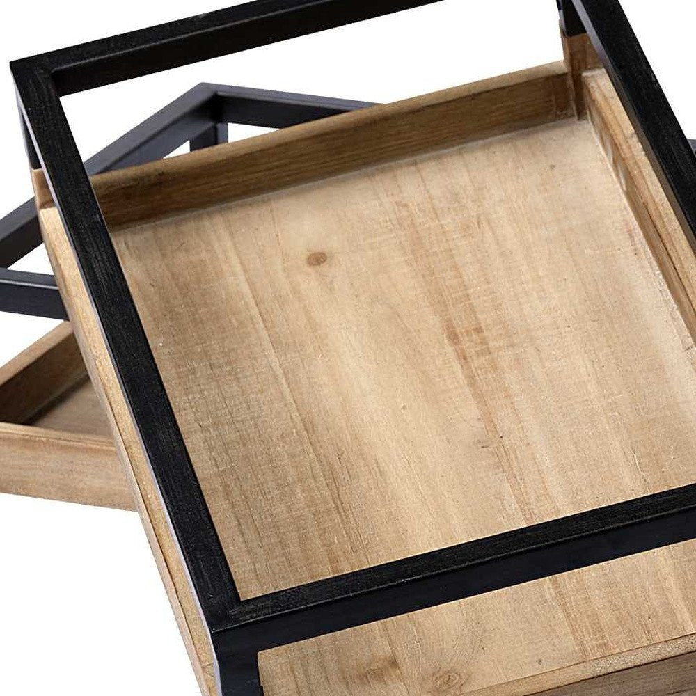 Set of Two Brown Wood Indoor Outdoor Tray With Handles - 4" H x 20.1" W x 12" D