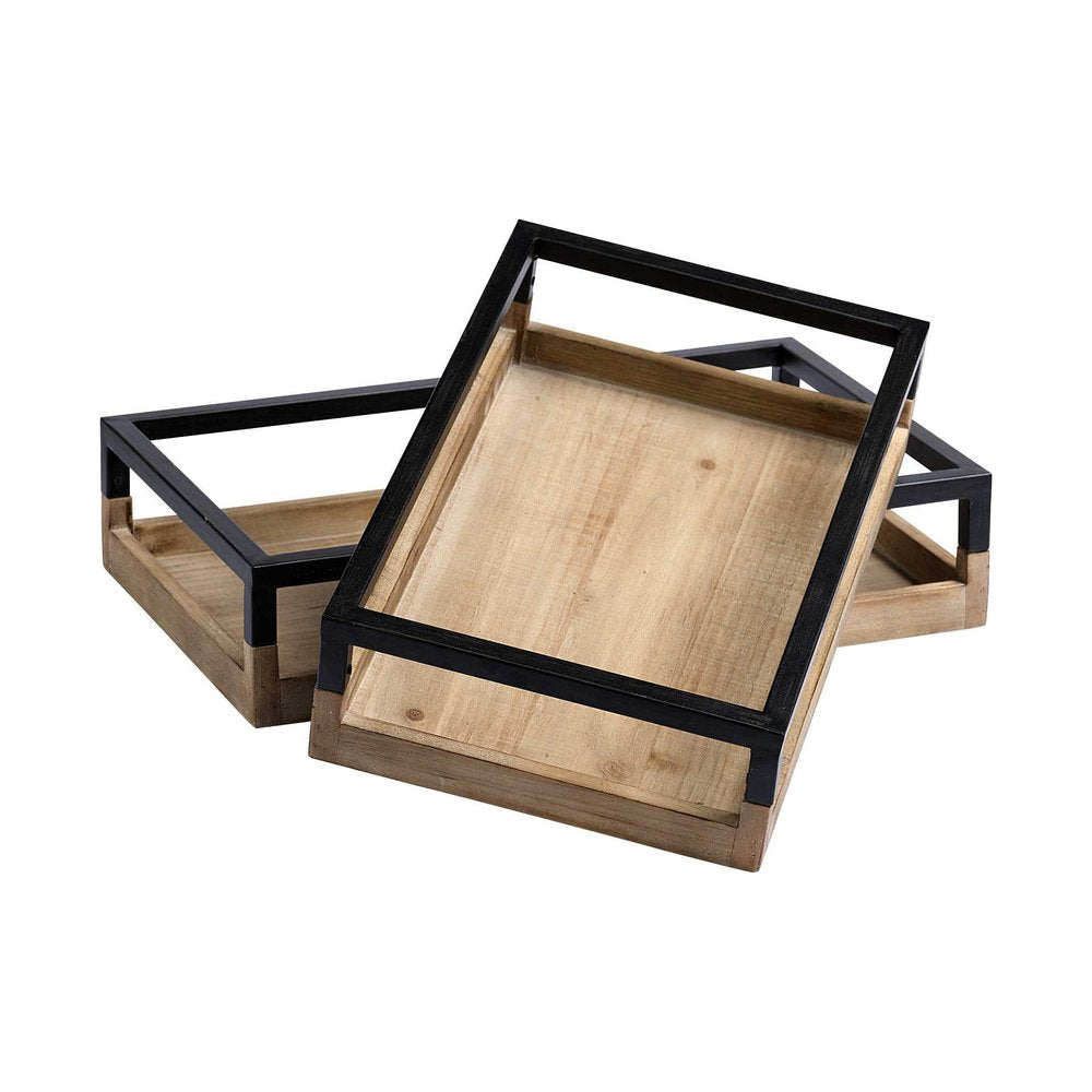Set of Two Brown Wood Indoor Outdoor Tray With Handles on a white background