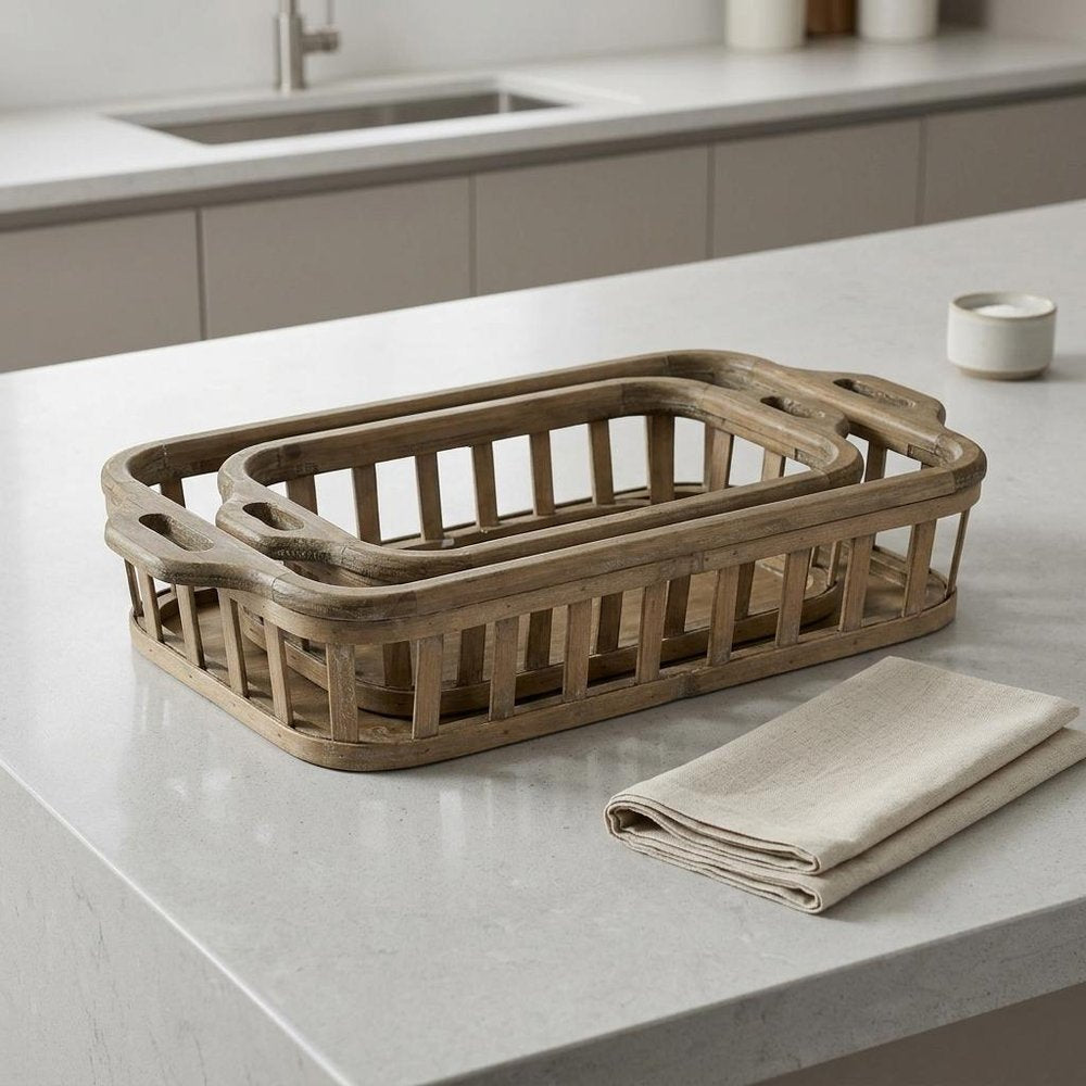Set of Two Brown Wood Indoor Outdoor Tray With Handles - SKU 376048 in a home interior