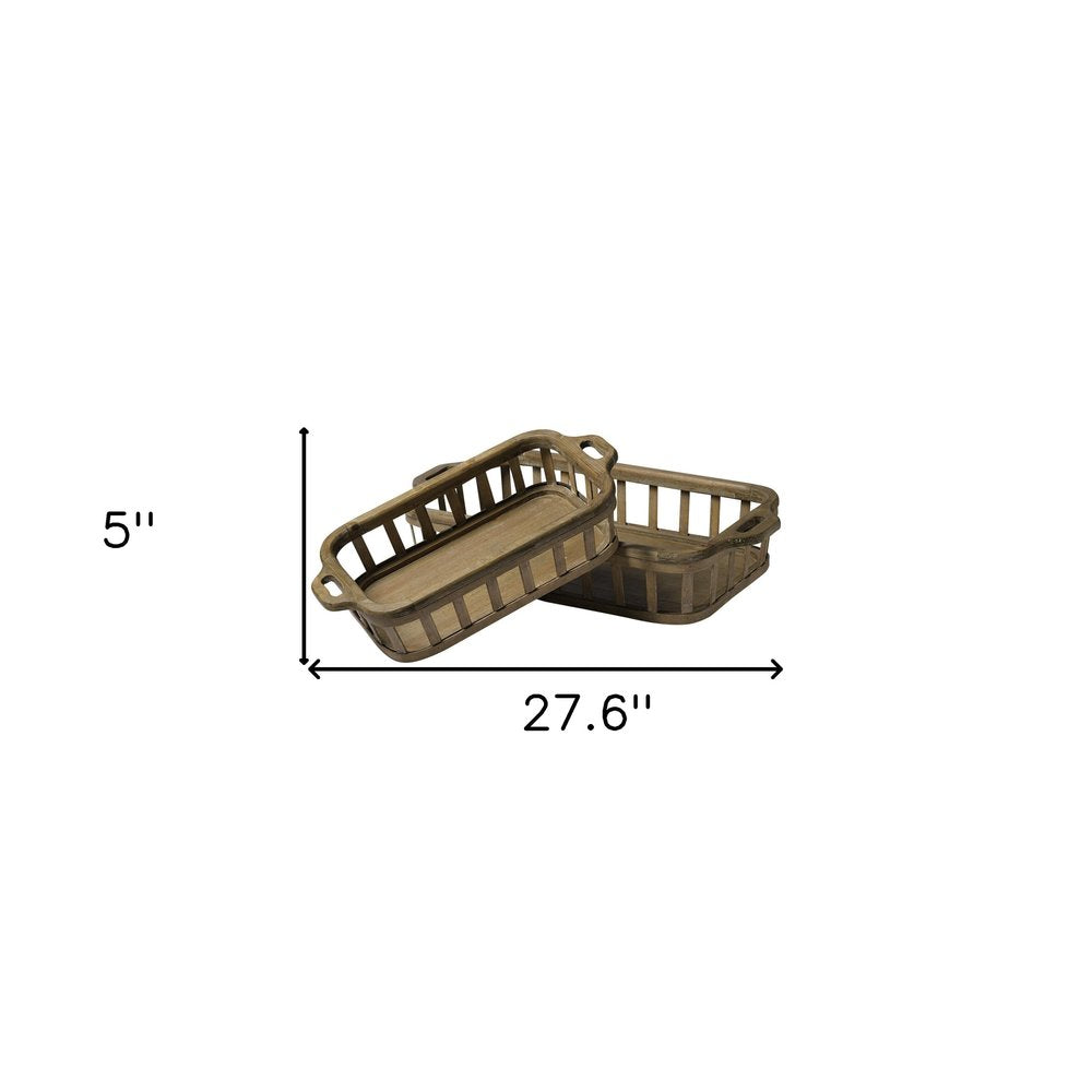Set of Two Brown Wood Indoor Outdoor Tray With Handles - SKU 376048 on a white background