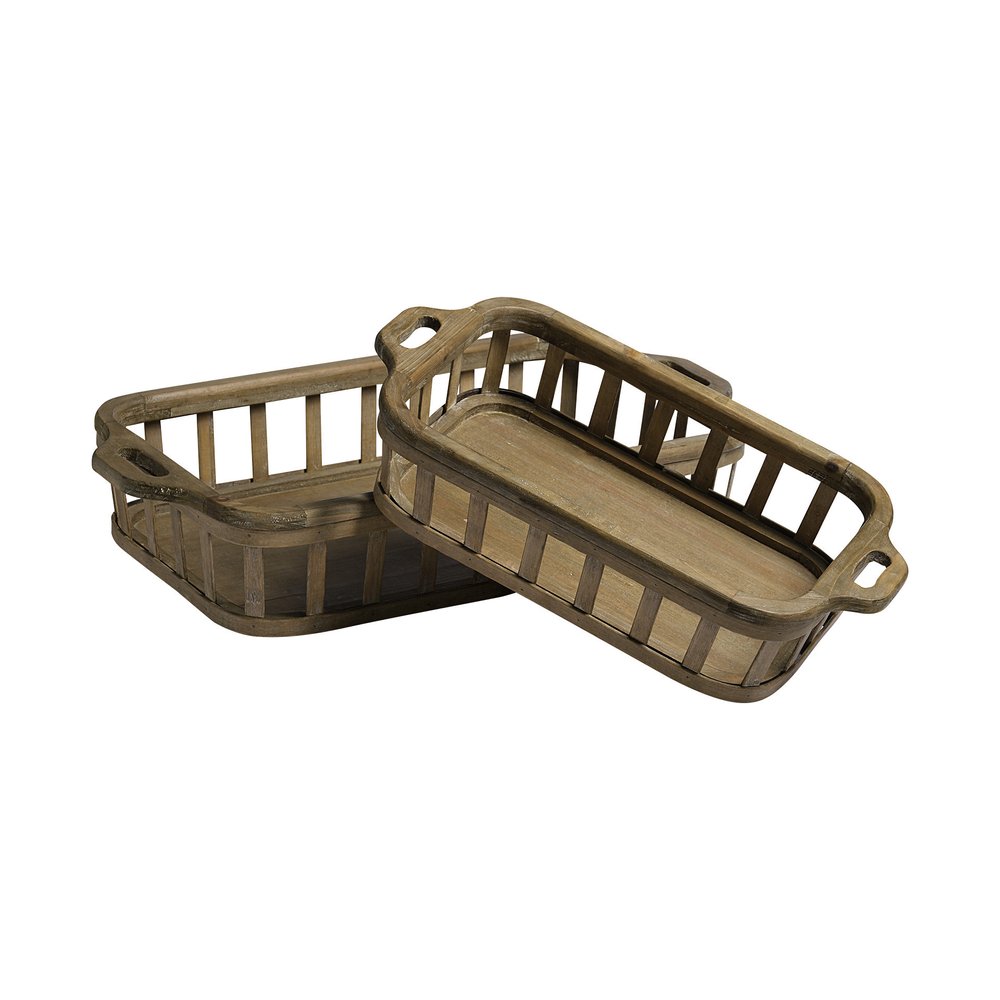 Set of Two Brown Wood Indoor Outdoor Tray With Handles - SKU 376048 on a white background