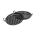 Set of Two Black Round Metal Indoor Outdoor Tray With Handles on a white background
