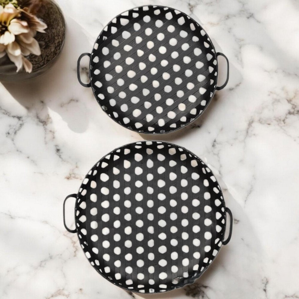 Set of Two Black Round Metal Indoor Outdoor Tray With Handles close-up detail
