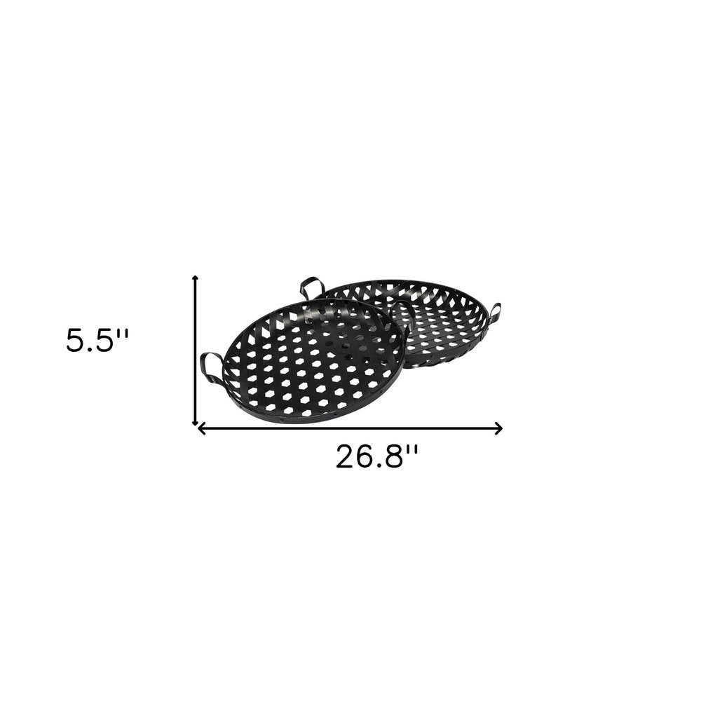 Set of Two Black Round Metal Indoor Outdoor Tray With Handles on a white background