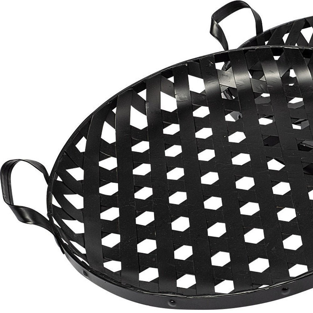 Set of Two Black Round Metal Indoor Outdoor Tray With Handles on a white background