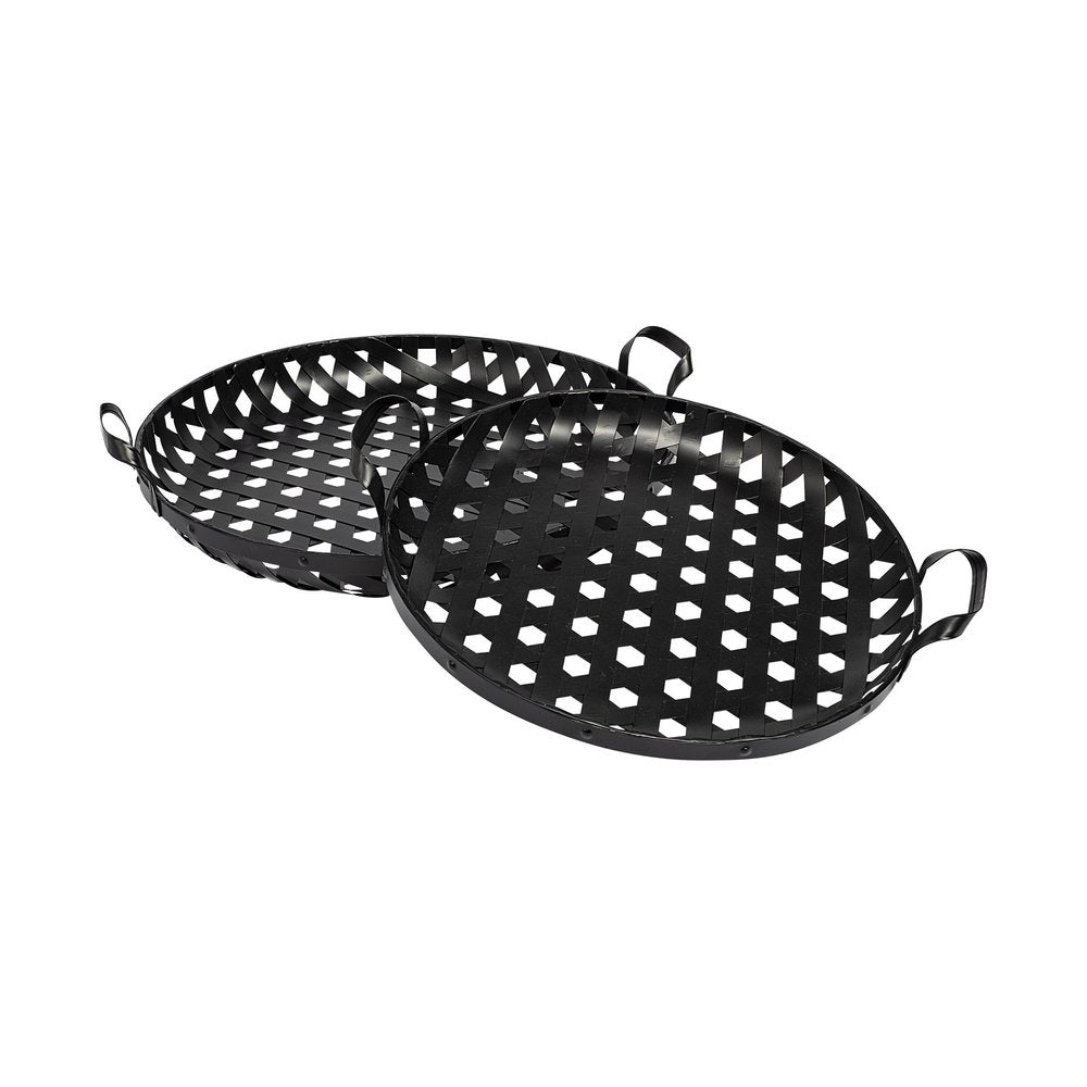 Set of Two Black Round Metal Indoor Outdoor Tray With Handles on a white background