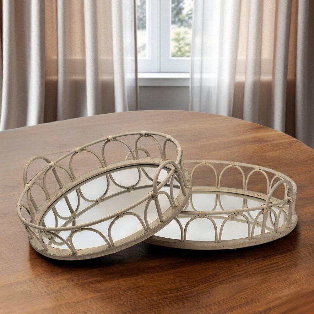 Set of Two Brown Round Wood Indoor Outdoor Vanity Tray With Handles
