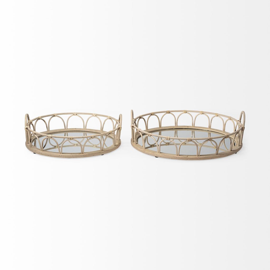 Set of Two Brown Round Wood Indoor Outdoor Vanity Tray With Handles on a white background