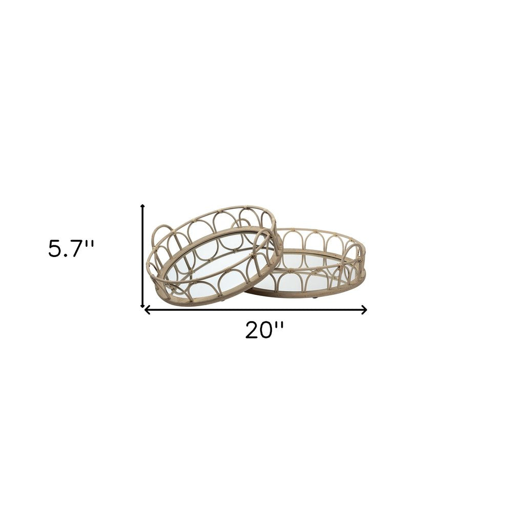 Set of Two Brown Round Wood Indoor Outdoor Vanity Tray With Handles on a white background