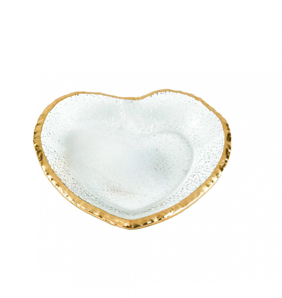 8" Mouth Blown Seeded Glass Heart Plate with Gold Rim on a white background