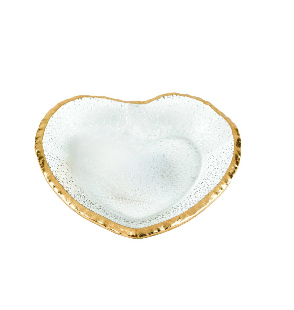 Heart-shaped clear seeded glass dish with a textured gold rim on a white background.
