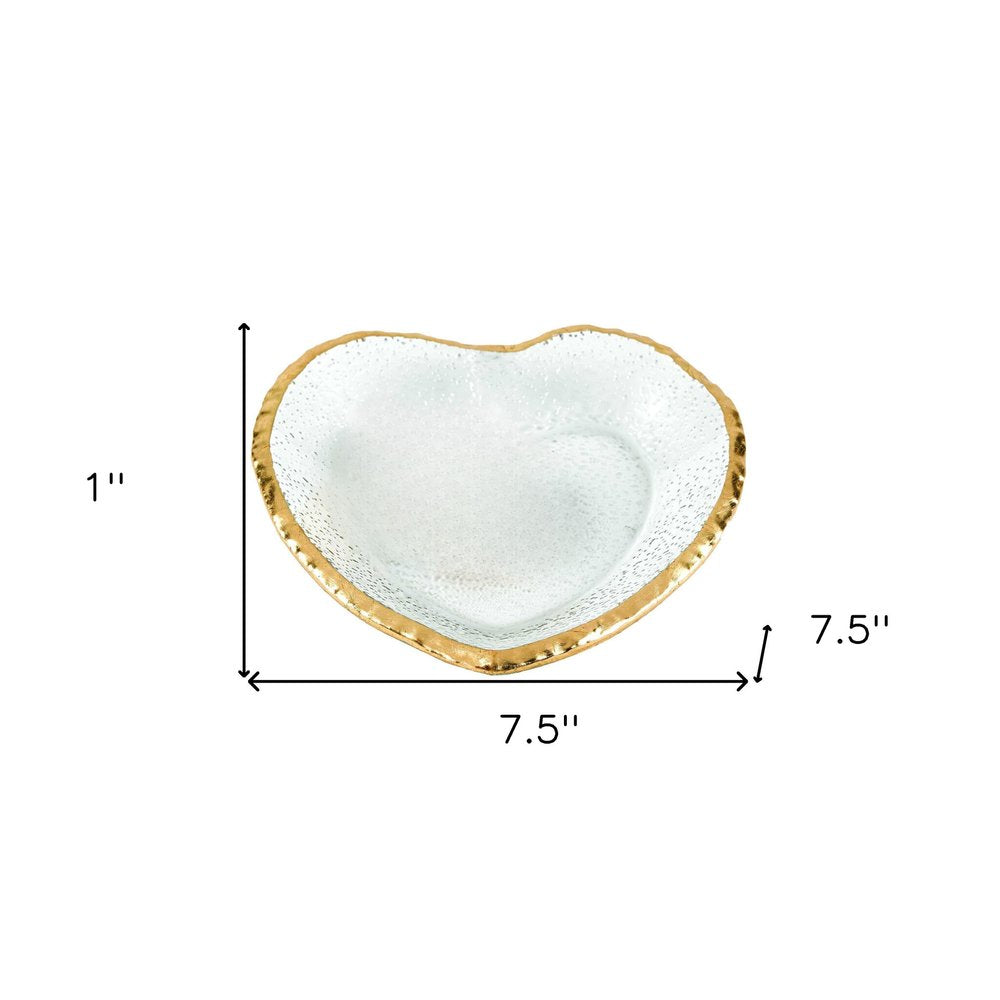 8" Mouth Blown Seeded Glass Heart Plate with Gold Rim on a white background