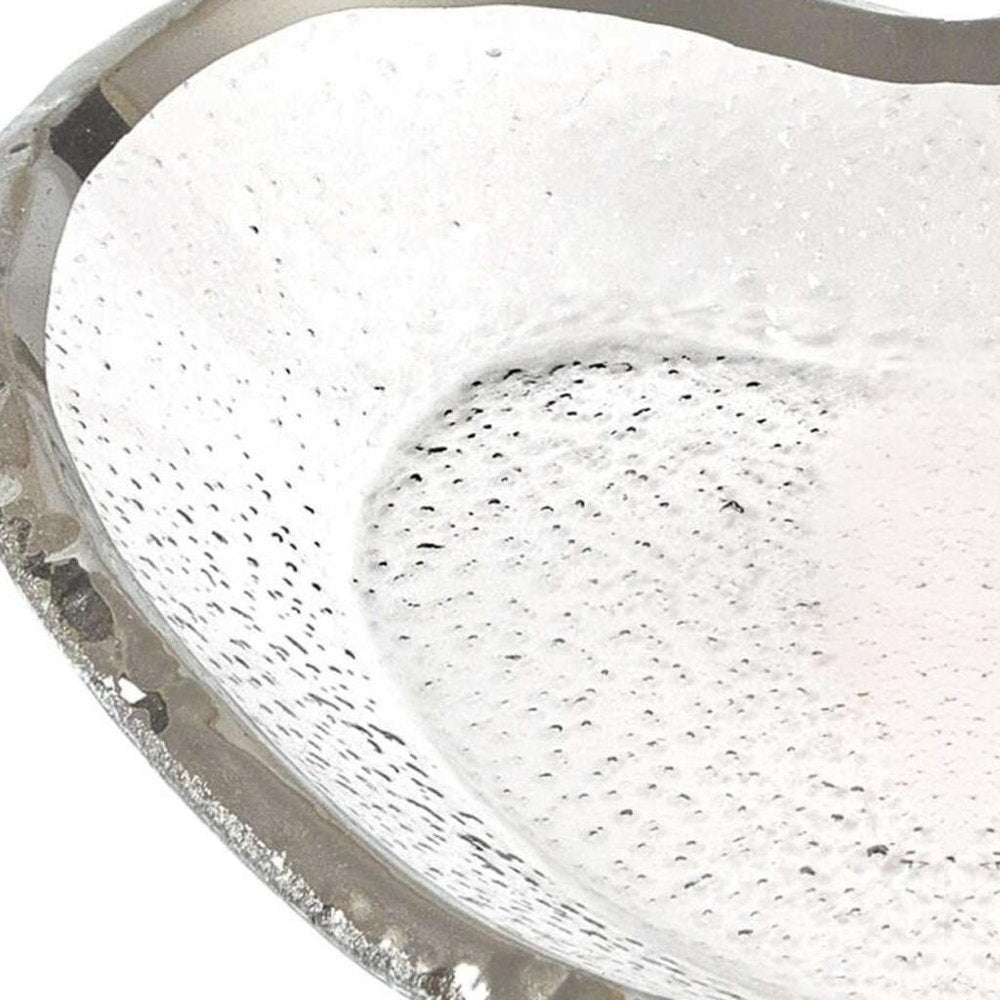 8" Mouth Blown Seeded Glass Heart Plate with Silver Rim on a white background