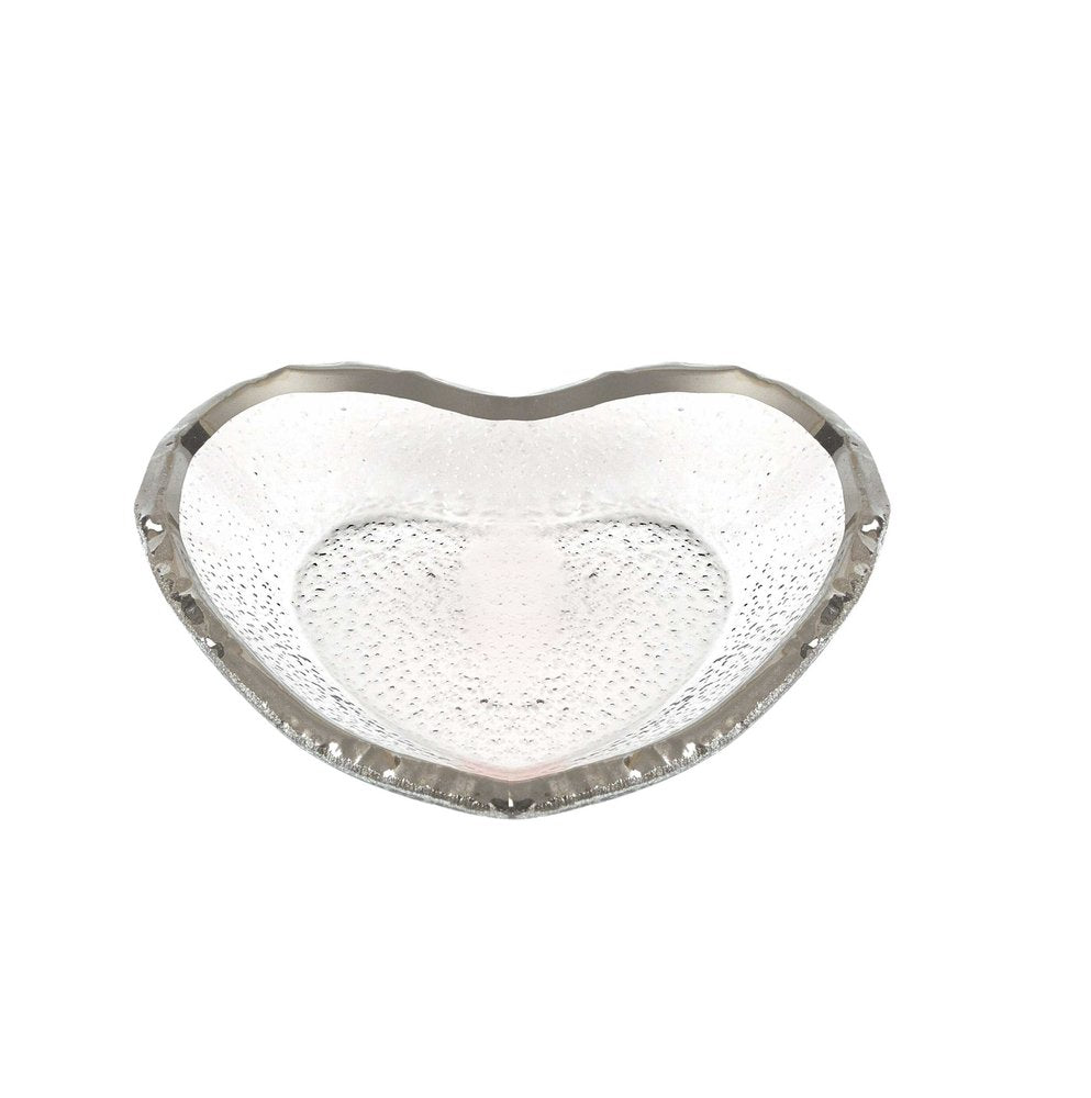 Heart-shaped clear glass plate with a textured seeded surface and a silver rim, isolated on a white background.