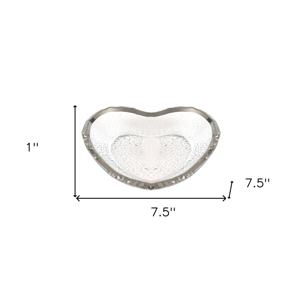 8" Mouth Blown Seeded Glass Heart Plate with Silver Rim on a white background