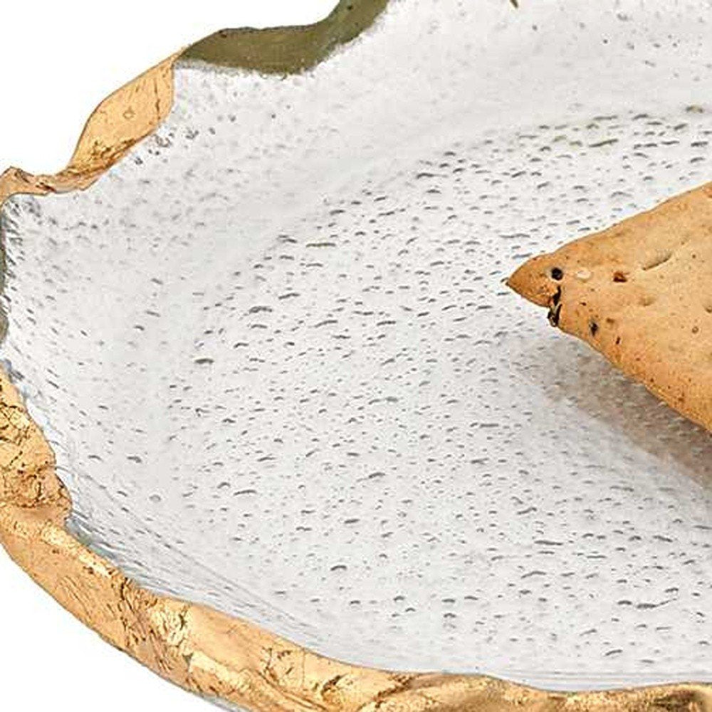 14 Glass Oval Edge Gold Leaf Platter. Dinnerware isolated on a plain white background, finished in gold glass.