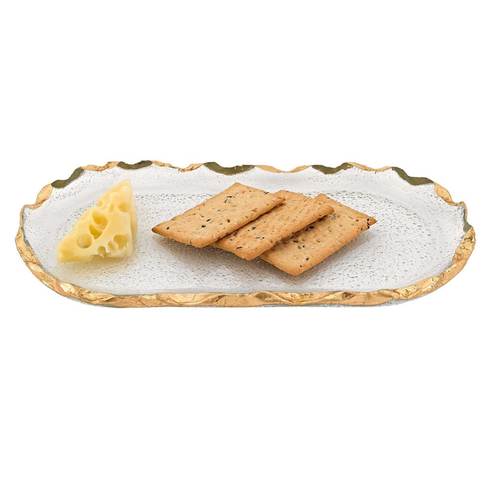 14 Glass Oval Edge Gold Leaf Platter. Dinnerware isolated on a plain white background, in a gold glass finish.