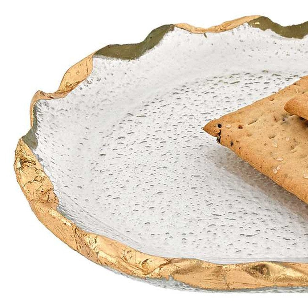 14 Glass Oval Edge Gold Leaf Platter. Dinnerware isolated on a plain white background, in a gold glass finish.