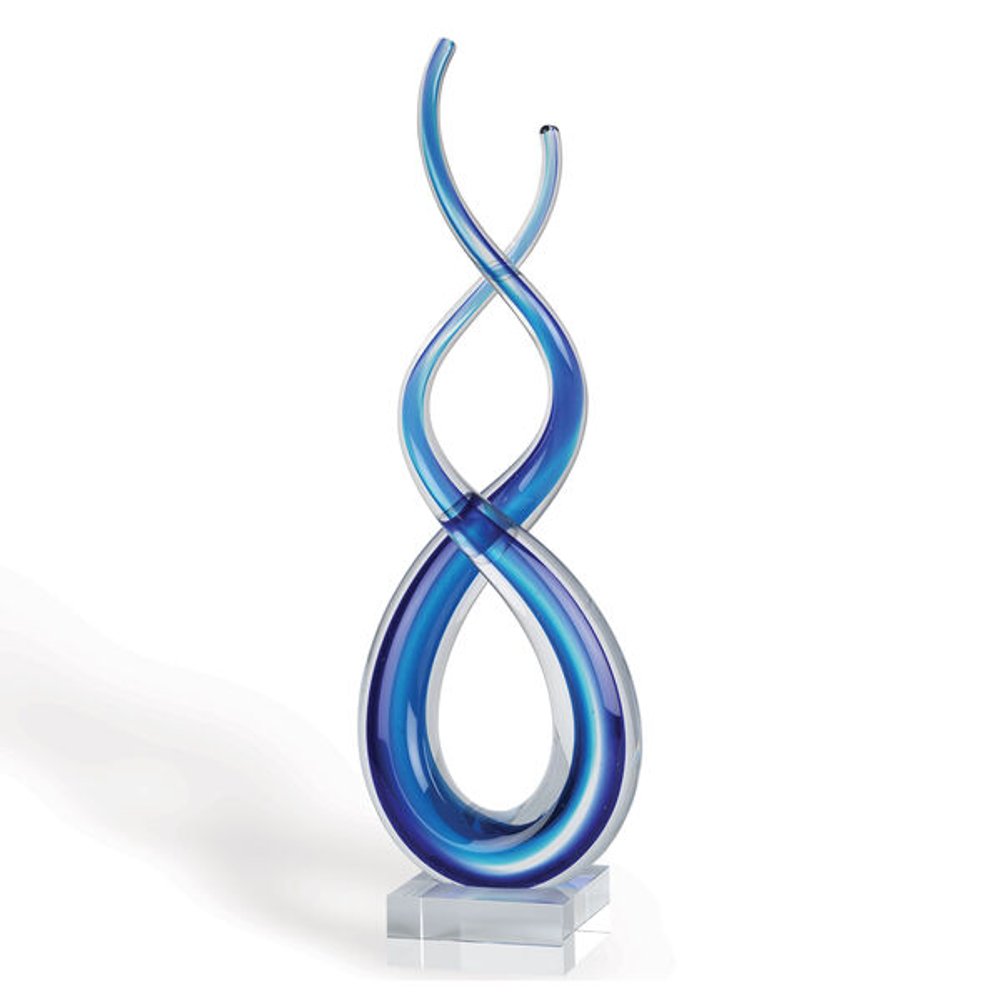 20" Clear and Blue Murano Glass Modern Abstract Tabletop Sculpture. Sculpture isolated on a plain white background, finished in blue glass.