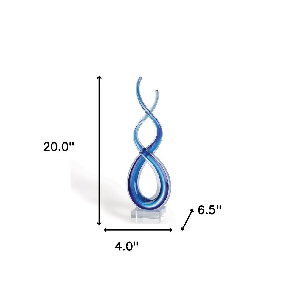 20" Clear and Blue Murano Glass Modern Abstract Tabletop Sculpture. Sculpture isolated on a plain white background, in a blue glass finish.