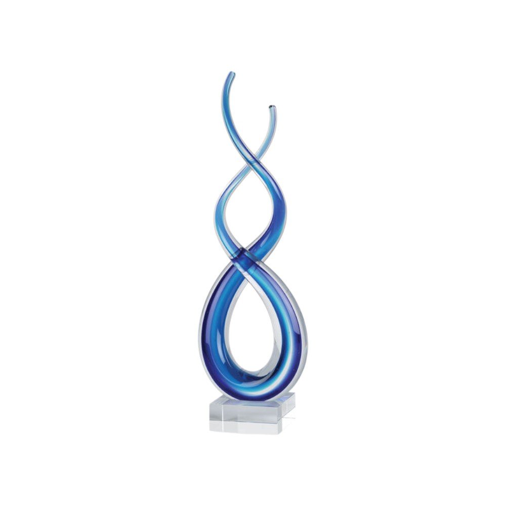 20" Clear and Blue Murano Glass Modern Abstract Tabletop Sculpture. Sculpture isolated on a plain white background, showing a blue glass surface.