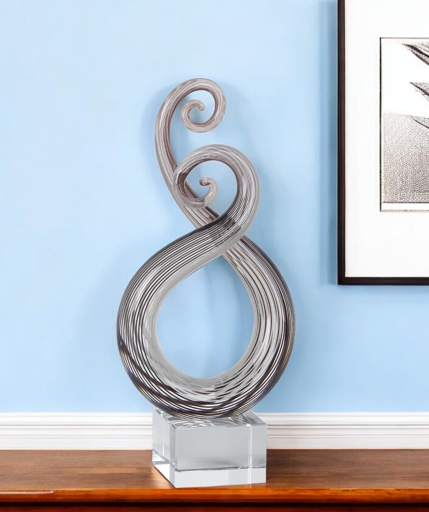 11" Clear and Brown Murano Glass Modern Abstract Tabletop Sculpture. Sculpture in clear glass.