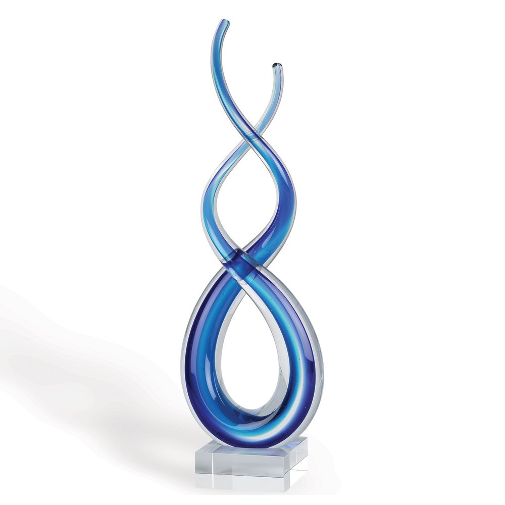 14" Clear and Blue Murano Glass Modern Abstract Tabletop Sculpture. Sculpture isolated on a plain white background, finished in blue glass.