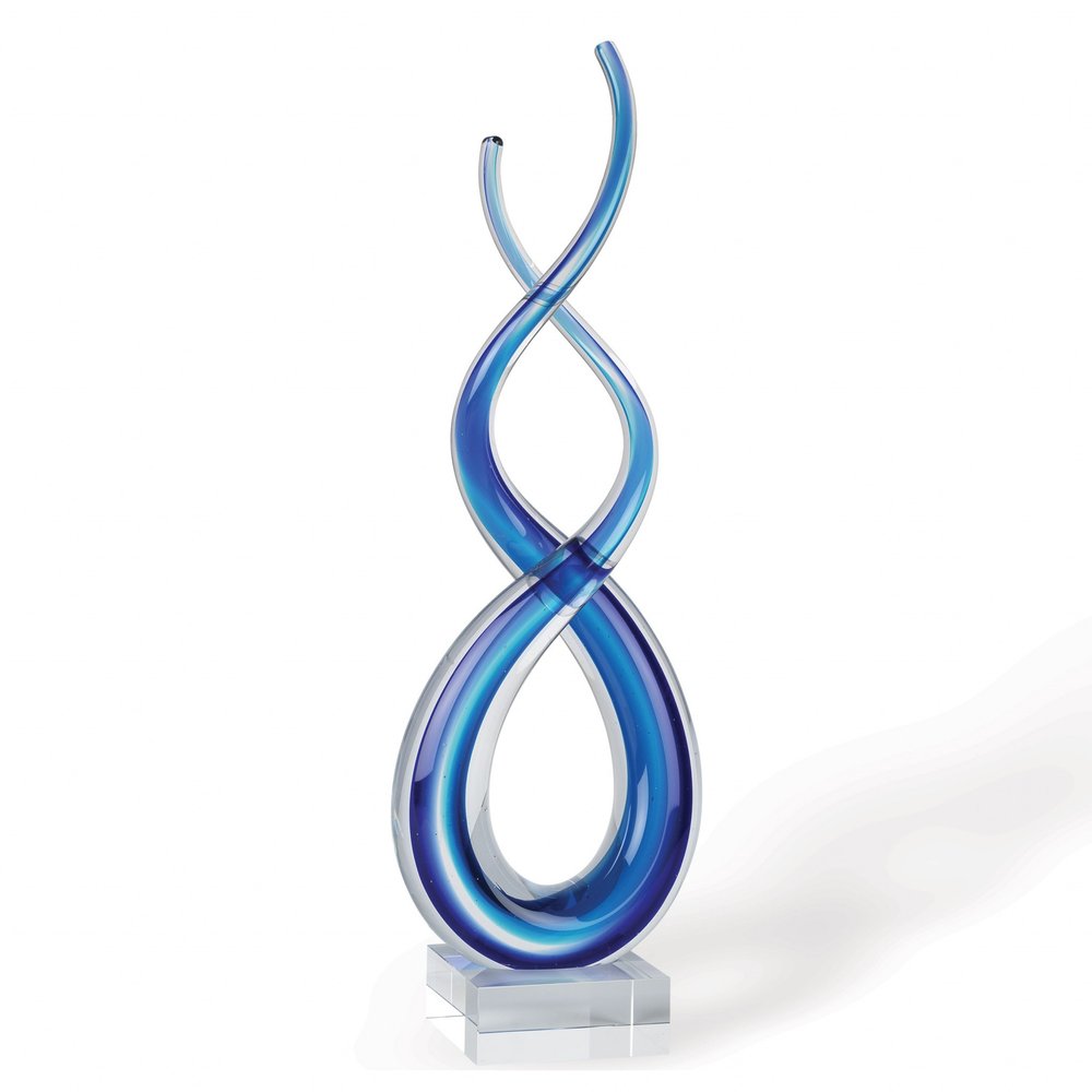 14" Clear and Blue Murano Glass Modern Abstract Tabletop Sculpture. Sculpture isolated on a plain white background, showing a blue glass surface.