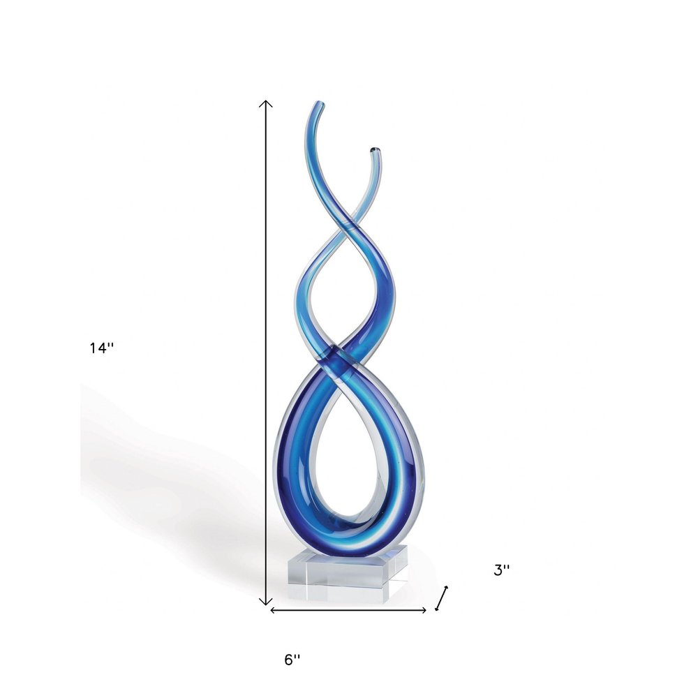14" Clear and Blue Murano Glass Modern Abstract Tabletop Sculpture. Sculpture isolated on a plain white background, in a blue glass finish.