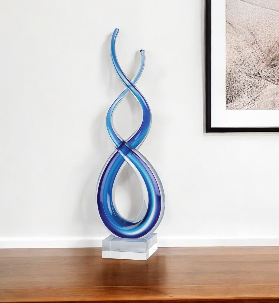14" Clear and Blue Murano Glass Modern Abstract Tabletop Sculpture. Sculpture in blue glass.
