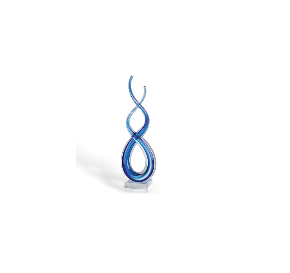 11" Clear and Blue Murano Glass Modern Abstract Tabletop Sculpture. Sculpture isolated on a plain white background, showing a blue glass surface.