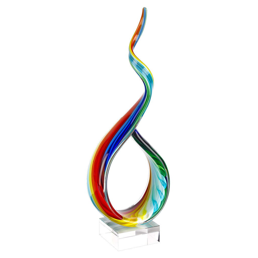 19" Rainbow Murano Glass Modern Abstract Tabletop Sculpture. Sculpture isolated on a plain white background, showing a teal glass surface.