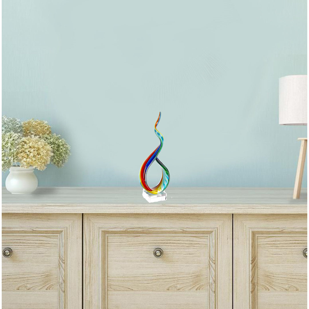19" Rainbow Murano Glass Modern Abstract Tabletop Sculpture. Sculpture isolated on a plain white background, finished in teal glass.