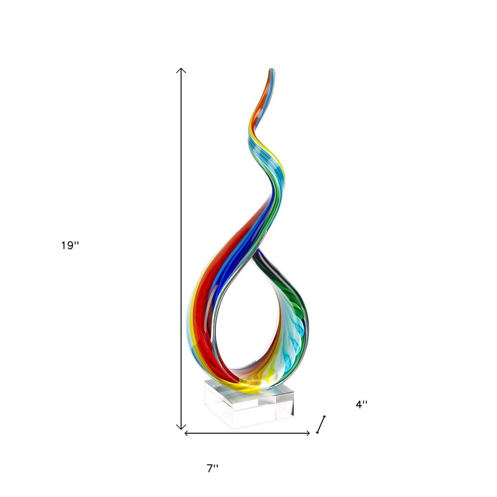 19" Rainbow Murano Glass Modern Abstract Tabletop Sculpture. Sculpture isolated on a plain white background, in a light gray glass finish.