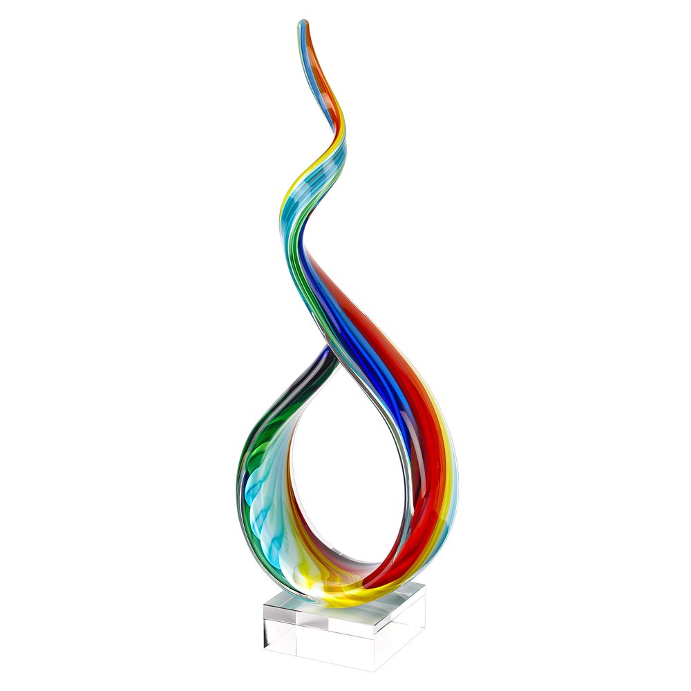 19" Rainbow Murano Glass Modern Abstract Tabletop Sculpture. Sculpture isolated on a plain white background, in a teal glass finish.