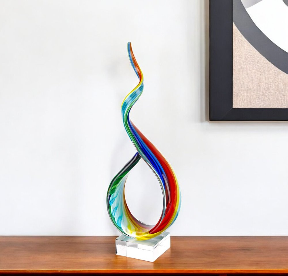 19" Rainbow Murano Glass Modern Abstract Tabletop Sculpture. Sculpture isolated on a plain white background, showing a charcoal glass surface.