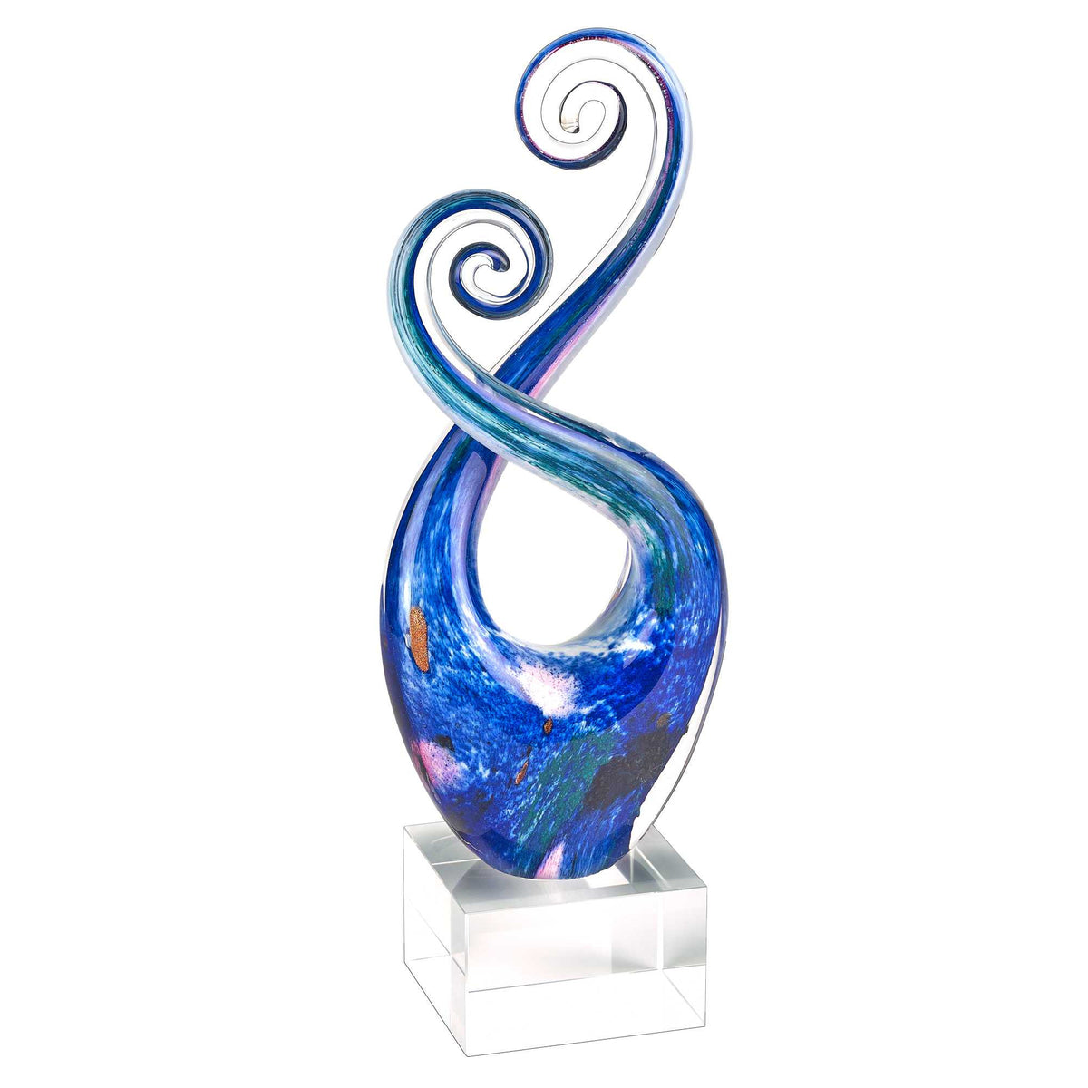 12" Blue and Green Murano Glass Modern Abstract Tabletop Sculpture. Sculpture isolated on a plain white background, showing a blue glass surface.