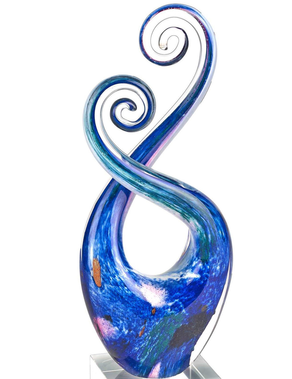 12" Blue and Green Murano Glass Modern Abstract Tabletop Sculpture. Sculpture isolated on a plain white background, finished in blue glass.