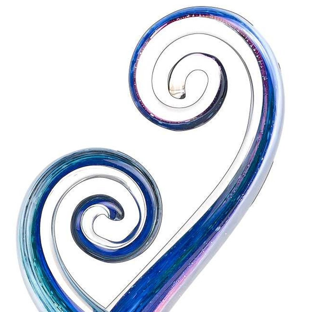 12" Blue and Green Murano Glass Modern Abstract Tabletop Sculpture. Sculpture isolated on a plain white background, showing a blue glass surface.