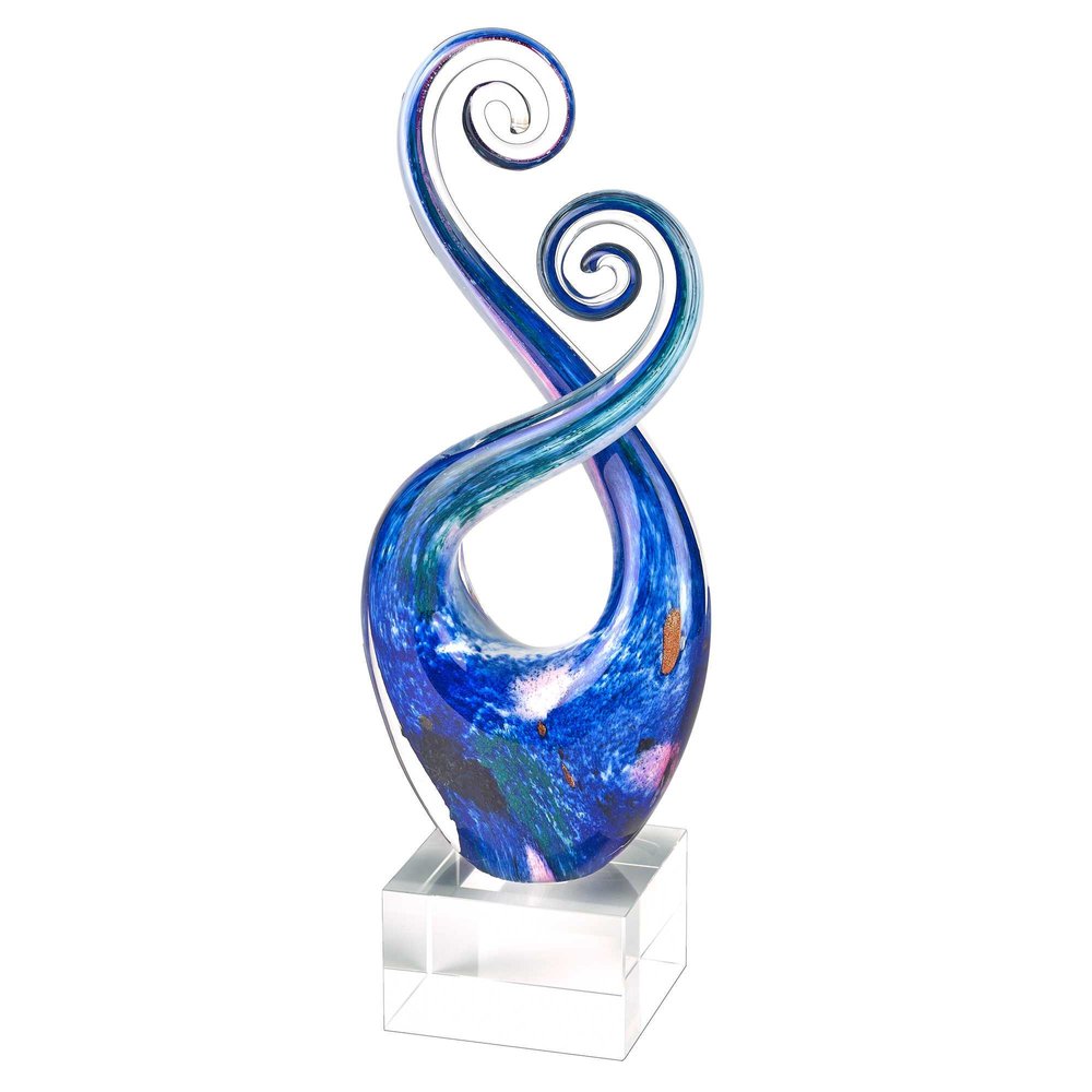 12" Blue and Green Murano Glass Modern Abstract Tabletop Sculpture. Sculpture isolated on a plain white background, in a blue glass finish.