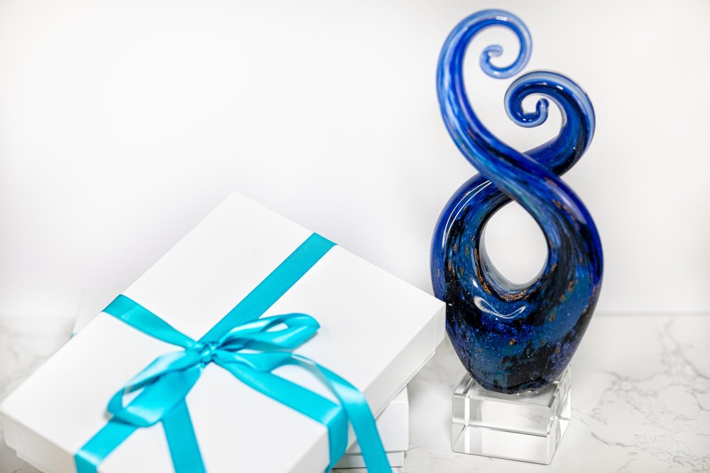 12" Blue and Green Murano Glass Modern Abstract Tabletop Sculpture. Sculpture isolated on a plain white background, finished in green glass.
