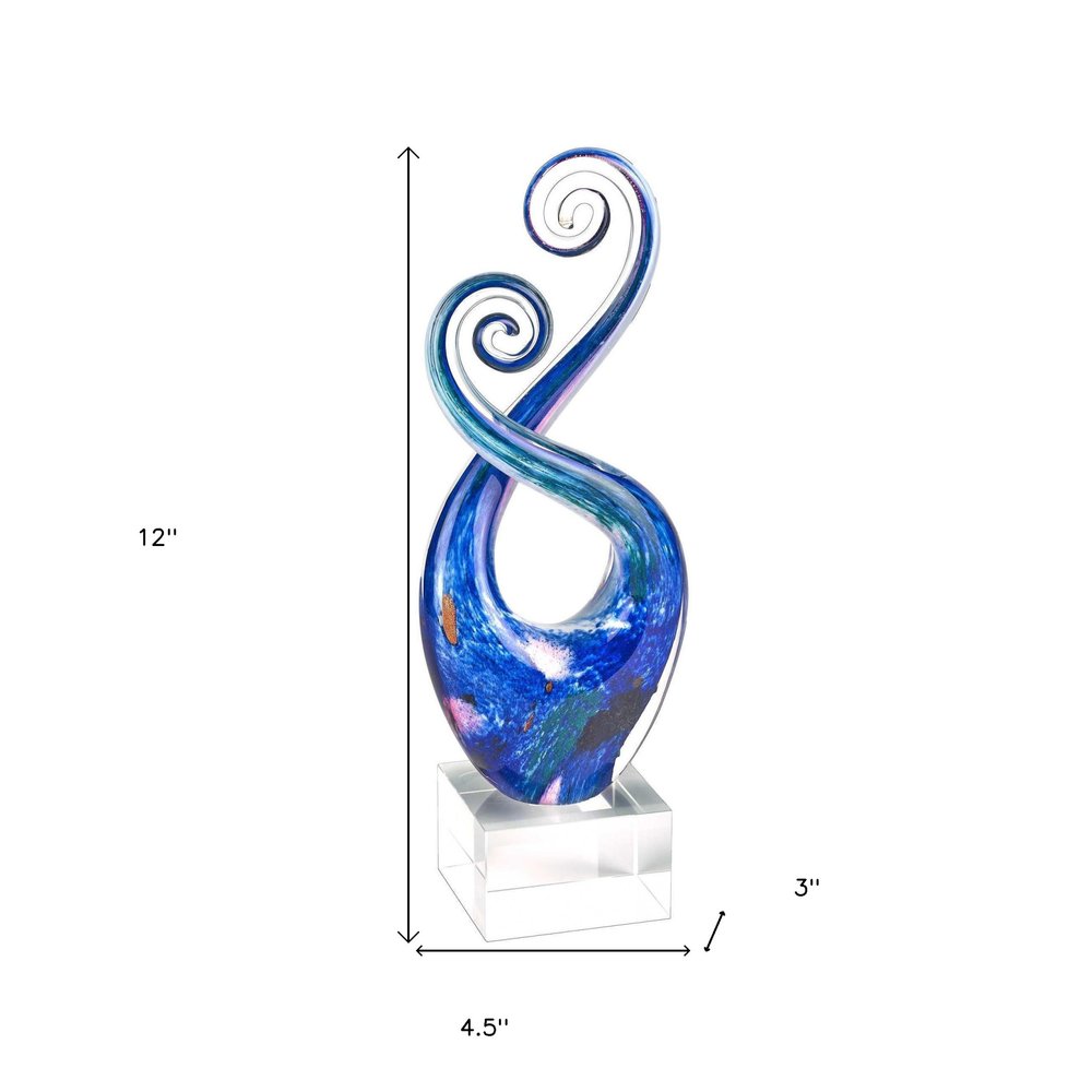 12" Blue and Green Murano Glass Modern Abstract Tabletop Sculpture. Sculpture isolated on a plain white background, in a blue glass finish.