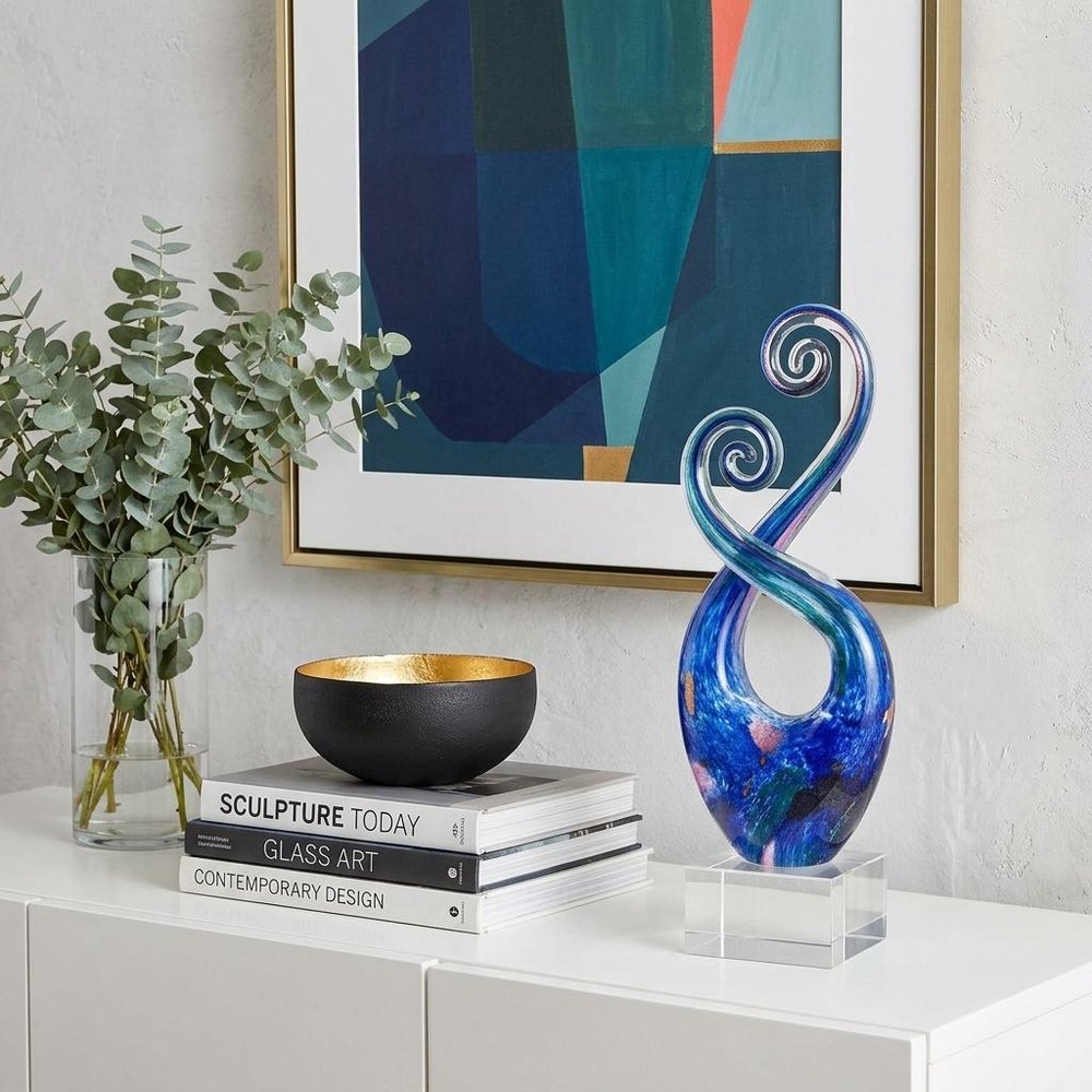 12" Blue and Green Murano Glass Modern Abstract Tabletop Sculpture. Sculpture isolated on a plain white background, in a blue glass finish.
