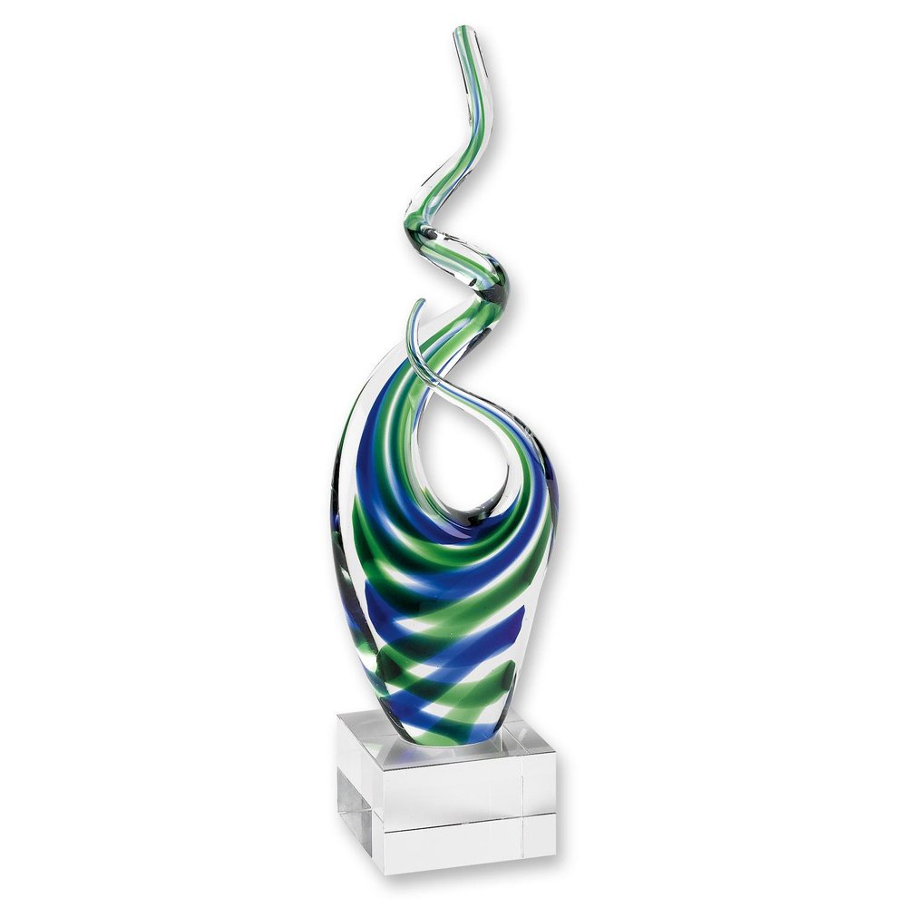 14" Clear Blue and Green Murano Glass Modern Abstract Tabletop Sculpture. Sculpture isolated on a plain white background, finished in green glass.