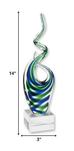 14" Clear Blue and Green Murano Glass Modern Abstract Tabletop Sculpture. Sculpture isolated on a plain white background, in a green glass finish.