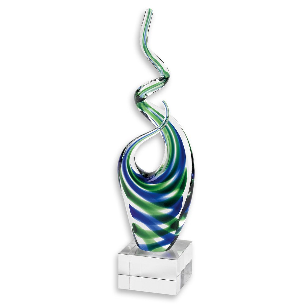 14" Clear Blue and Green Murano Glass Modern Abstract Tabletop Sculpture. Sculpture isolated on a plain white background, showing a green glass surface.