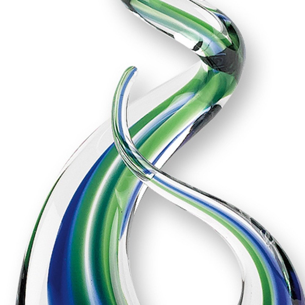 14" Clear Blue and Green Murano Glass Modern Abstract Tabletop Sculpture. Sculpture isolated on a plain white background, finished in green glass.