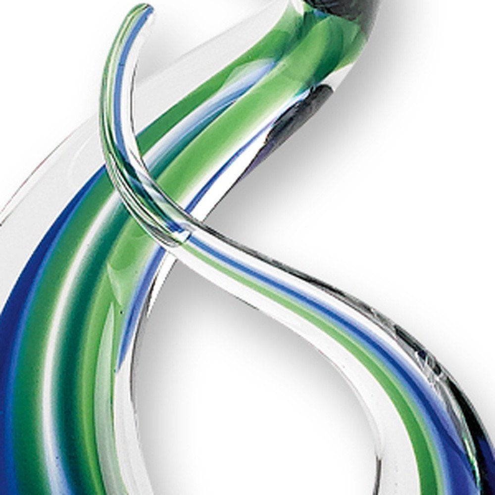 14" Clear Blue and Green Murano Glass Modern Abstract Tabletop Sculpture. Sculpture isolated on a plain white background, finished in green glass.