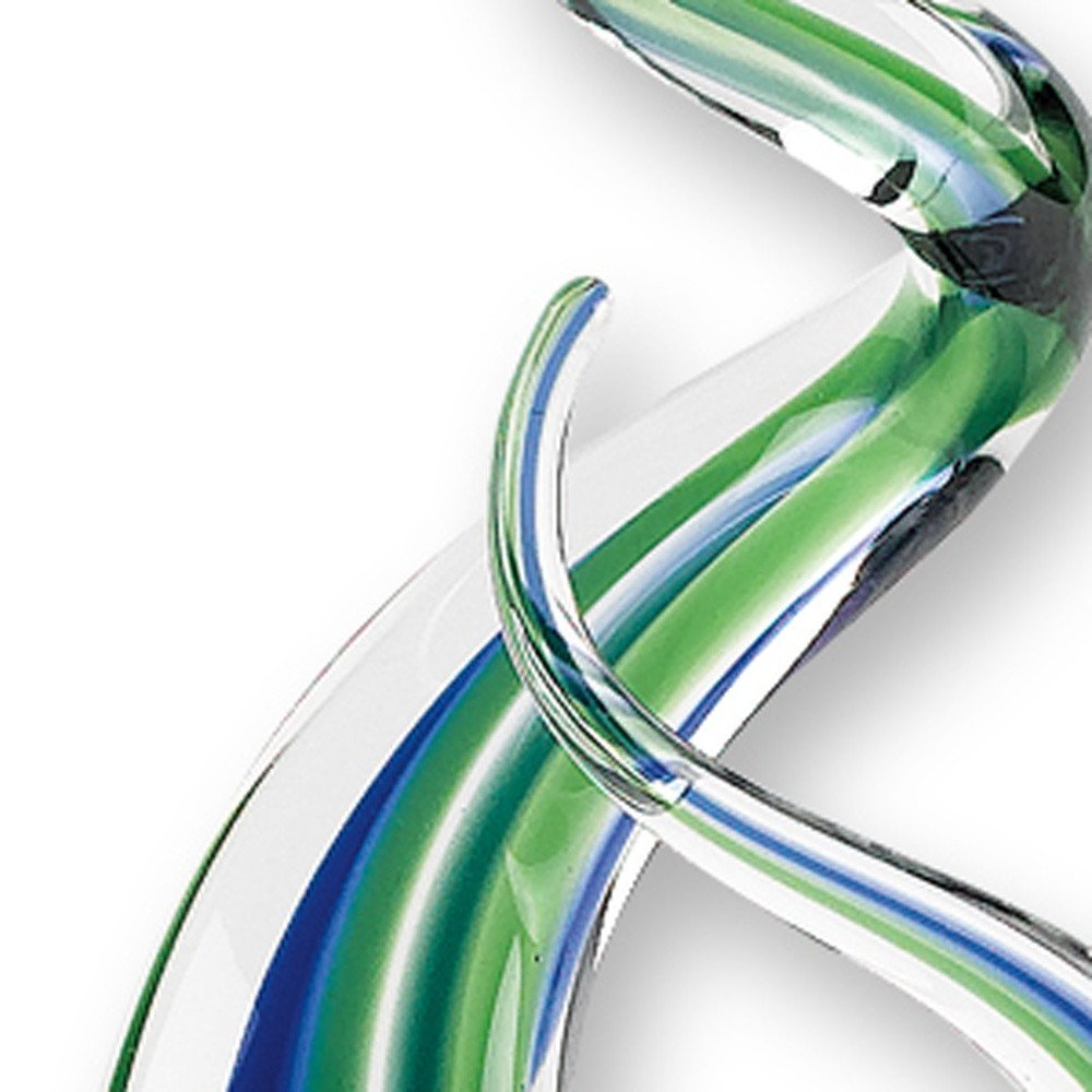 14" Clear Blue and Green Murano Glass Modern Abstract Tabletop Sculpture. Sculpture isolated on a plain white background, showing a green glass surface.