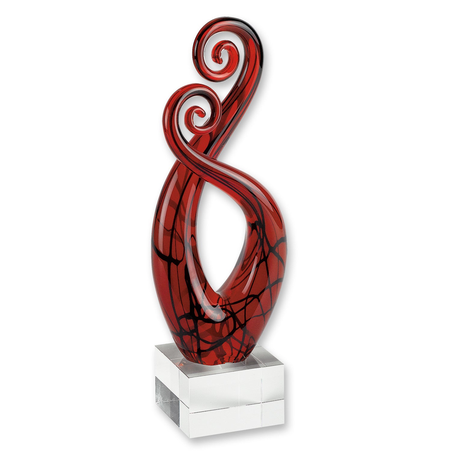13" Clear Burgundy and Black Murano Glass Modern Abstract Tabletop Sculpture. Sculpture isolated on a plain white background, showing a glass surface.